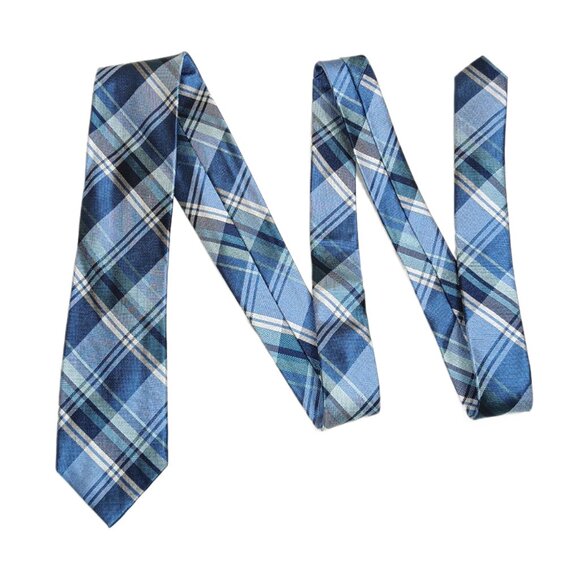 Pronto Uomo Silk Tie Men’s 60” Blue Gray Plaid Western Preppy Corpcore Classic - Picture 2 of 4